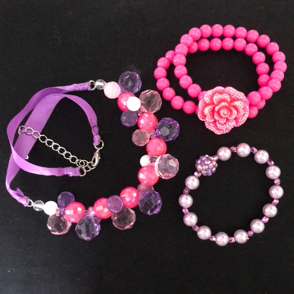 costume jewelry rose faceted necklace bracelet hot pink purple fashion kids NEW - Picture 1 of 5